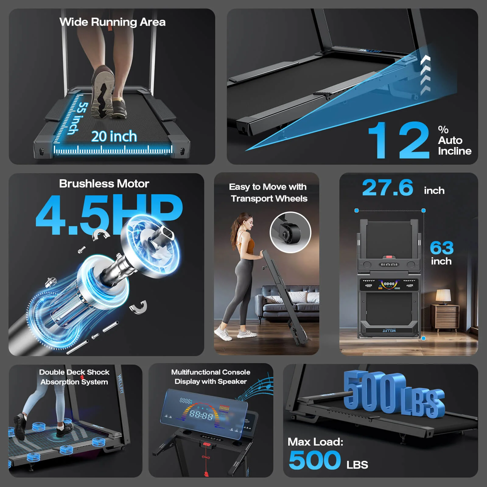 TM029 Treadmill-12 Auto Incline-500LBS-10mph-55Inch Long Running Area - Image 4