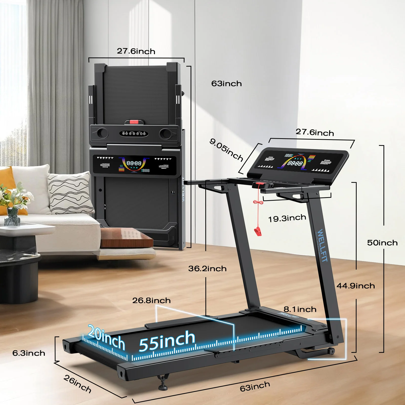 TM029 Treadmill-12 Auto Incline-500LBS-10mph-55Inch Long Running Area - Image 8